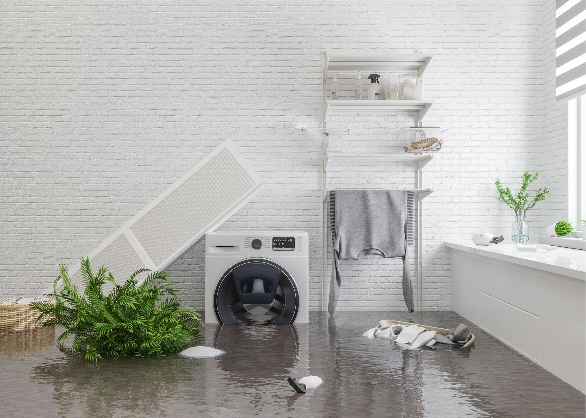 Standing water pooling in a laundry room in an Edgewater, FL home